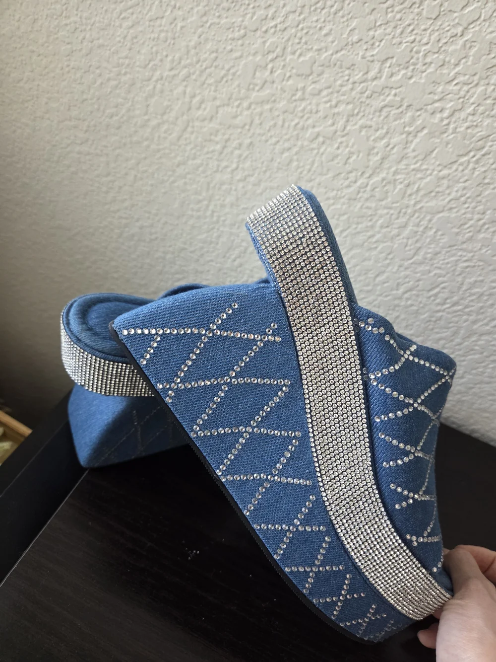 Cape Robbin Denim Rhinestone Platform Slide - Blue